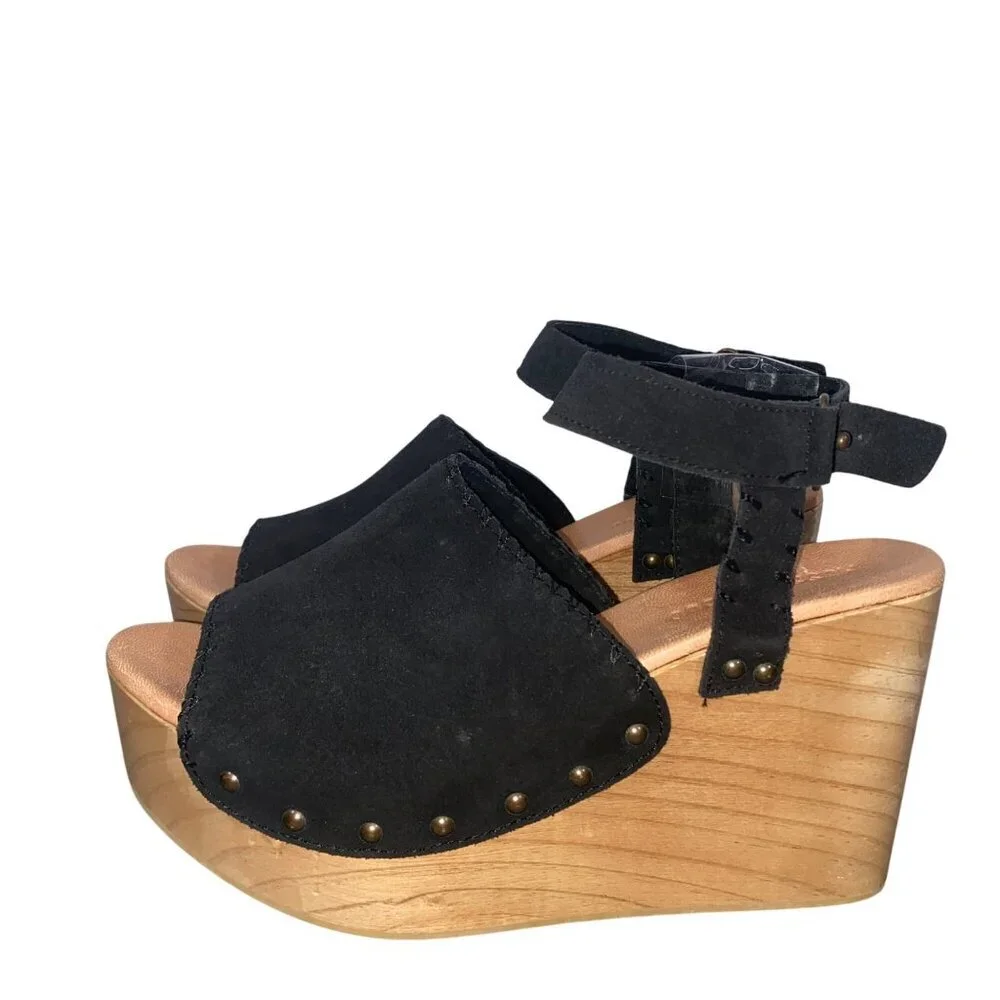 Musse & Cloud Hindix platform Wedge peep toe Sandal shoes black suede leather 9